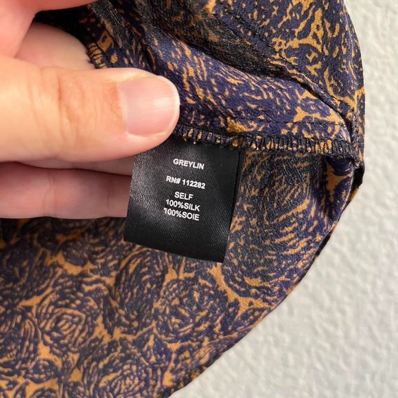 Greylin Navy and Mustard Printed Silk Blouse Size Small - Picture 3 of 5